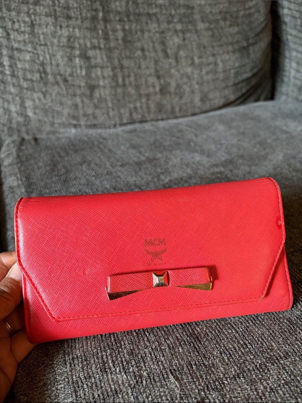 MCM Red Bow-Accent Leather Wallet Clutch
